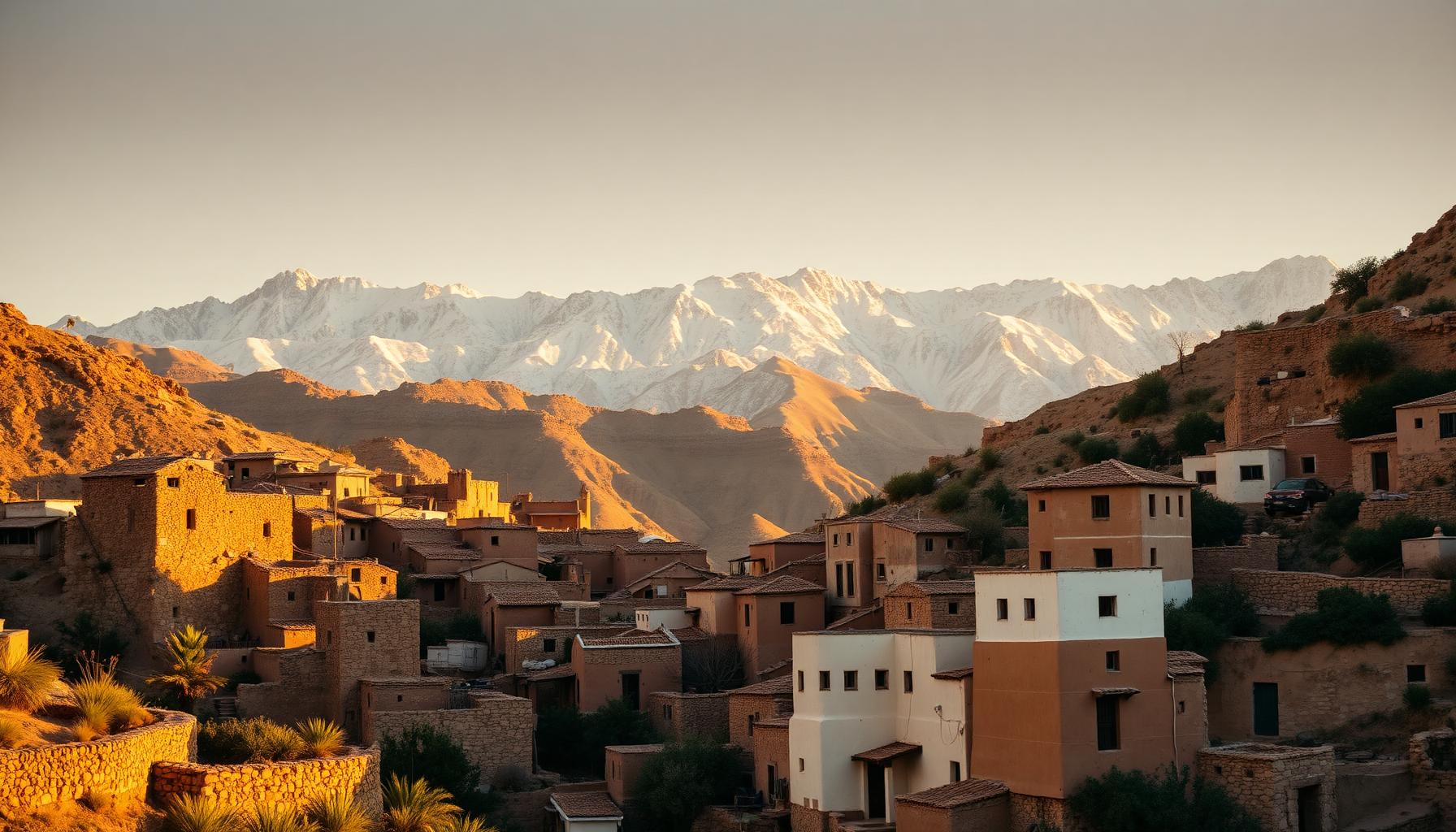 A terraced Berber village with snow-capped peaks behind.