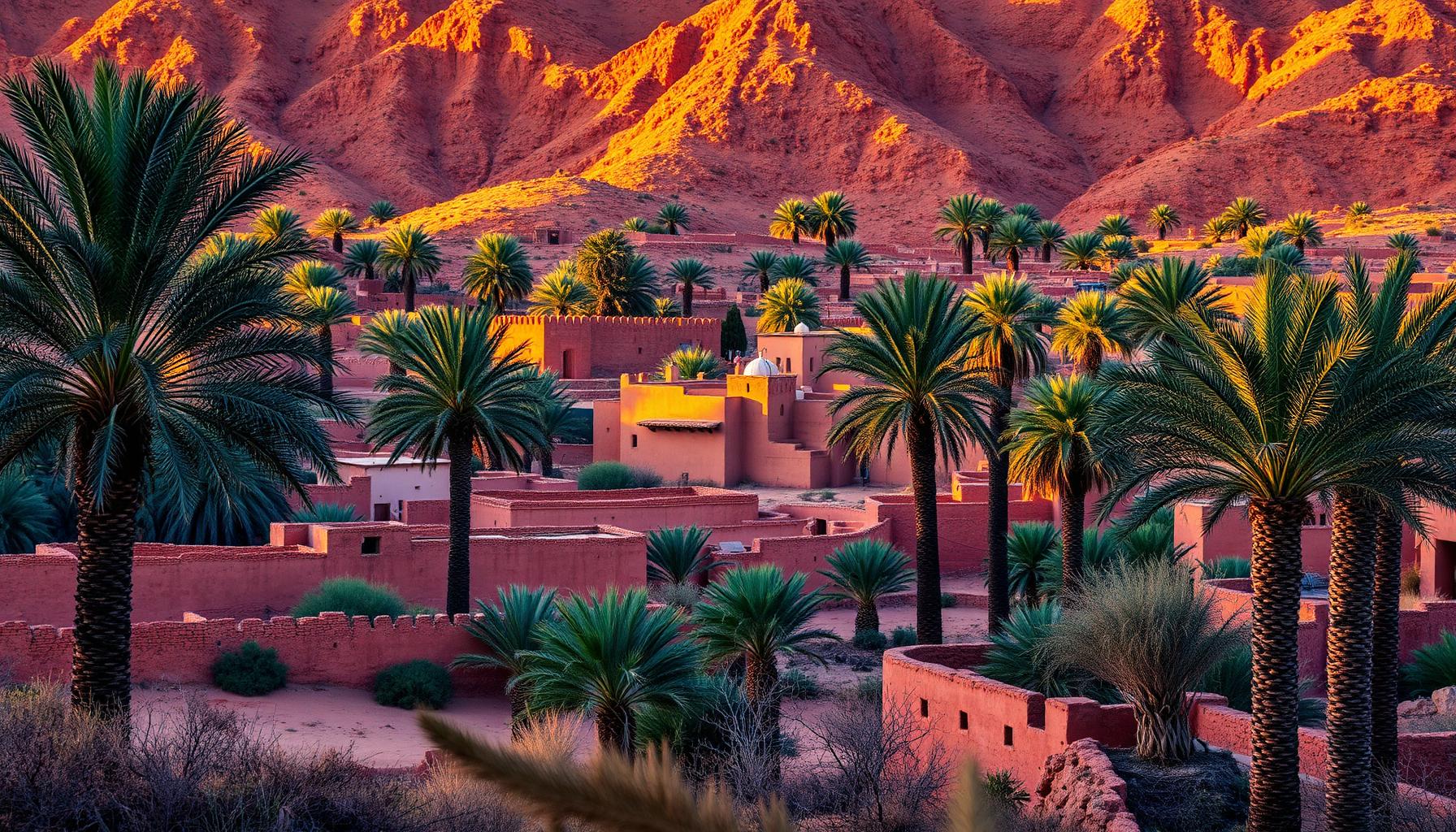 Date palms and a kasbah in the Draa valley at sunset.