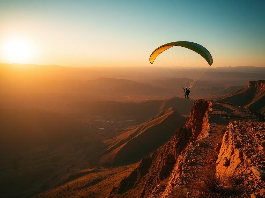 A paraglider launching from a High Atlas ridge.