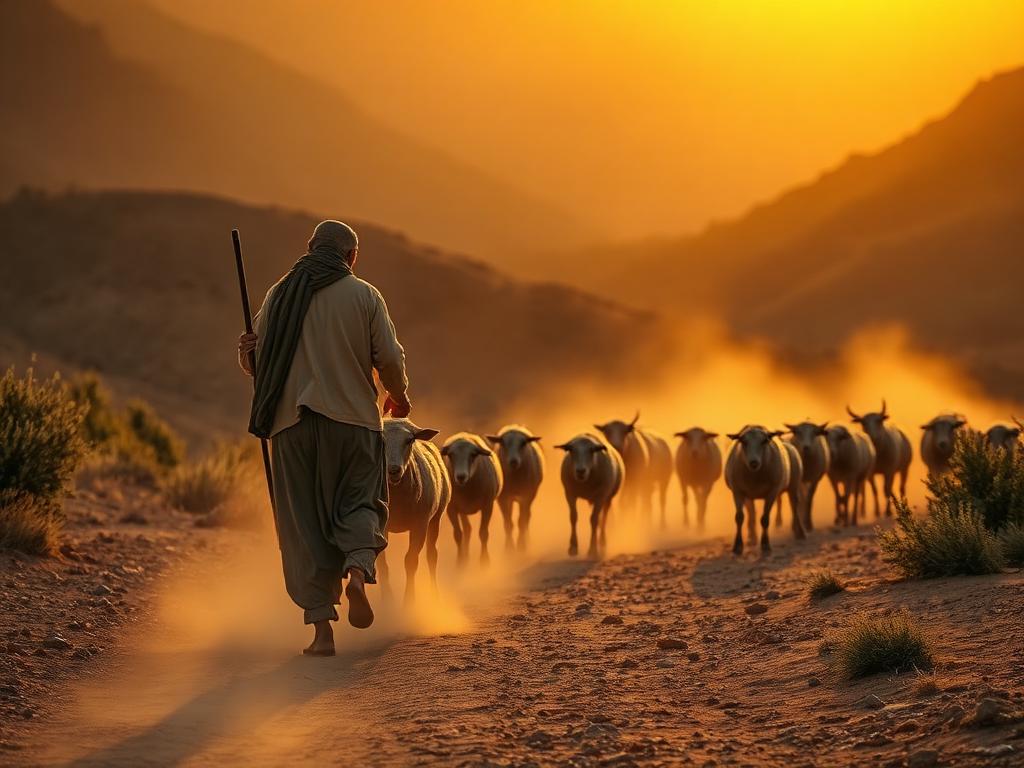 A Berber shepherd herding sheep at golden hour.